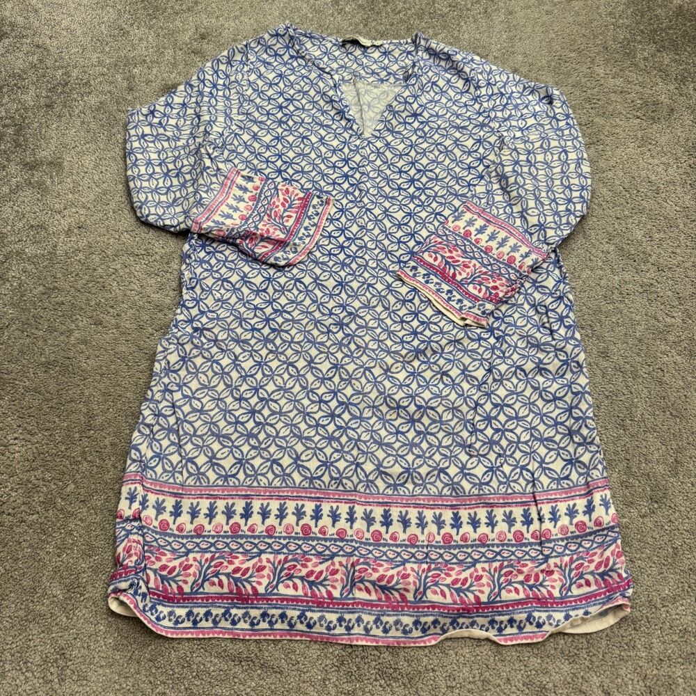 Vineyard Vines Geometric Floral Tunic Dress Womens S Blue White Linen Blend Coas